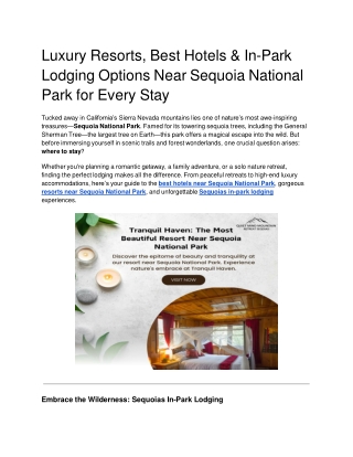 Luxury Resorts, Best Hotels & In-Park Lodging Options Near Sequoia National Park for Every Stay