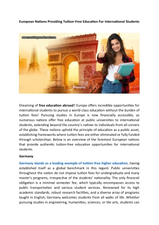European Nations Providing Tuition Free Education For International Students