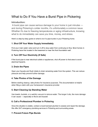 What to Do If You Have a Burst Pipe in Pickering