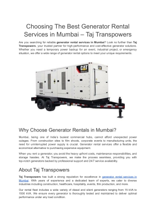Choosing The Best Generator Rental Services in Mumbai – Taj Transpowers