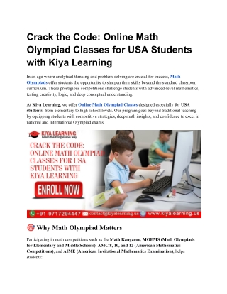 Crack the Code Online Math Olympiad Classes for USA Students with Kiya Learning