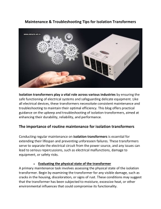 Maintenance & Troubleshooting Tips For Isolation Transformers
