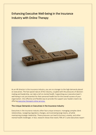 Enhancing Executive Well being in the Insurance Industry with Online Therapy