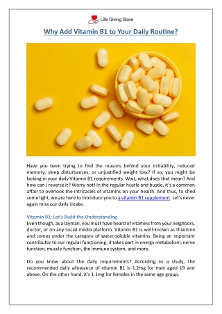 Vitamin B1 Thiamine Supplements | Benefits & Sources | Life Giving Store