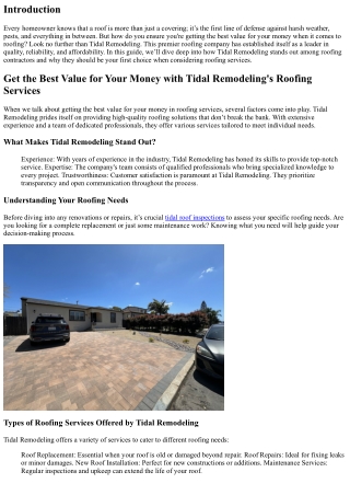 Get the Best Value for Your Money with Tidal Remodeling's Roofing Services