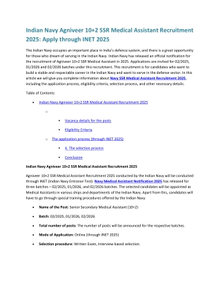 Indian Navy Agniveer 102 SSR Medical Assistant Recruitment 2025 Apply through INET 2025