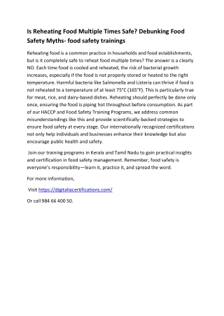 Is Reheating Food Multiple Times Safe- INTERNATIONAL FOOD SAFETY TRAININGS IN KERALA