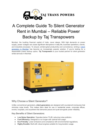 A complete Guide To Silent Generator Rent in Mumbai – Reliable Power Backup by T