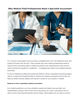Why Medical Field Professionals Need a Specialist Accountant