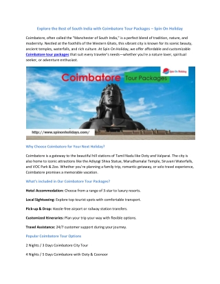 Explore the Best of South India with Coimbatore Tour Package