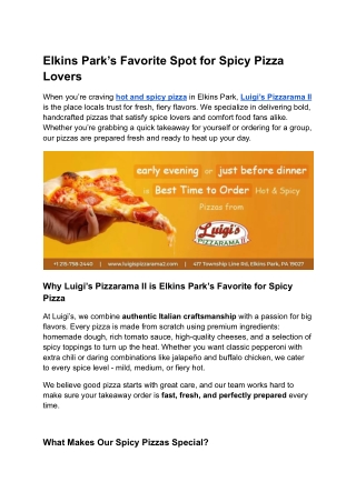 Elkins Park’s Favorite Spot for Spicy Pizza Lovers