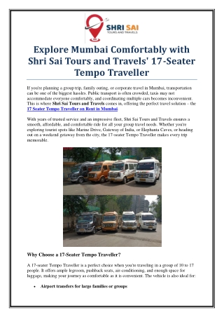 Book 17 Seater Tempo Traveller on Rent in Mumbai with Shri Sai Tours