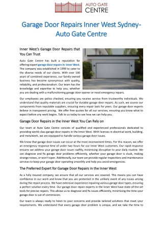 Garage Door Repairs Inner West Sydney - Auto Gate Centre
