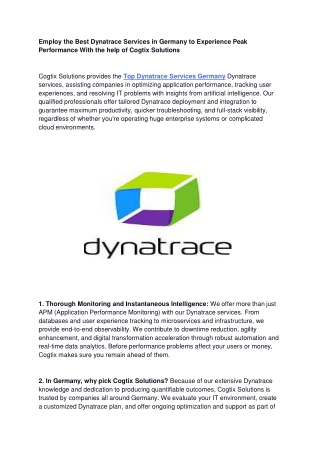 Employ the Best Dynatrace Services in Germany to Experience Peak Performance With the help of Cogtix Solutions
