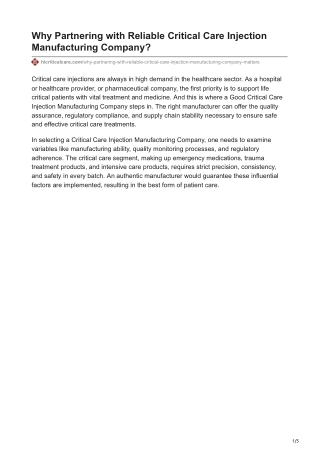 Why Partnering with Reliable Critical Care Injection Manufacturing Company Matters