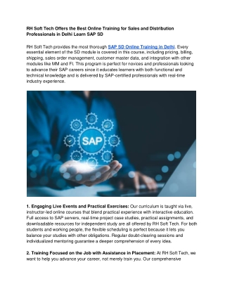 RH Soft Tech Offers the Best Online Training for Sales and Distribution Professionals in Delhi Learn SAP SD