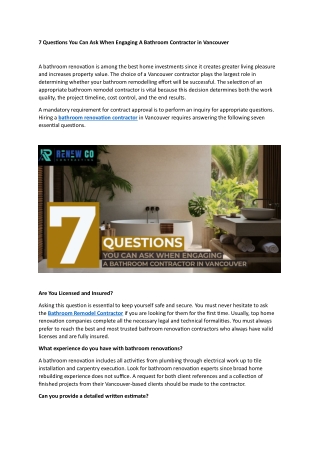 7 Questions You Can Ask When Engaging A Bathroom Contractor in Vancouver