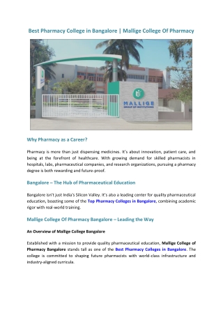 Best Pharmacy College in Bangalore Mallige College Of Pharmacy
