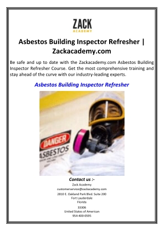 Asbestos Building Inspector Refresher  Zackacademy.com