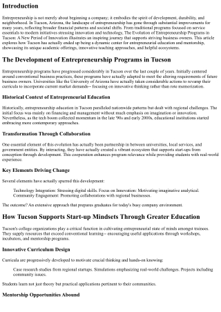 The Development of Entrepreneurship Programs in Tucson: A New Period of Developm