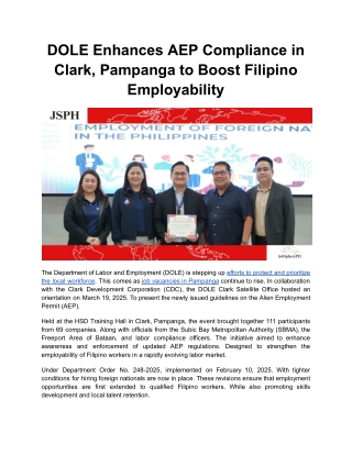 DOLE Enhances AEP Compliance in Clark, Pampanga  to Boost Filipino Employability
