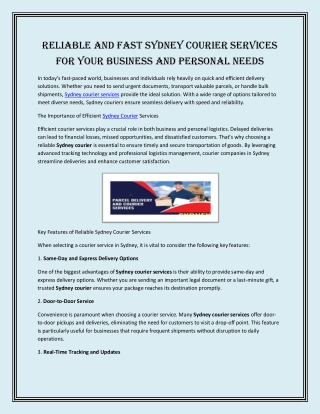 Reliable and Fast Sydney Courier Services for Your Business and Personal Needs
