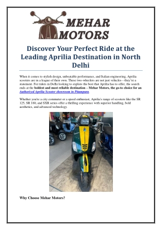 Discover the Best Authorized Aprilia Scooter Showroom in Pitampura – Mehar Motor