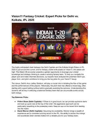 Vision11 Fantasy Cricket_ Expert Picks for Delhi vs. Kolkata, IPL 2025