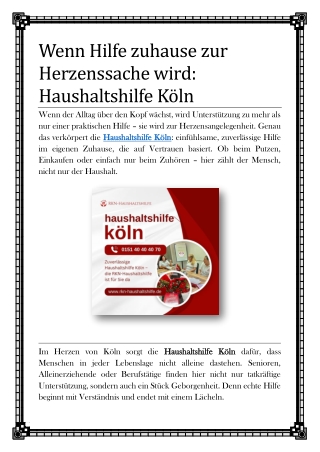 Wenn Hilfe zuhause zur Herzenssache wird Haushaltshilfe Köln