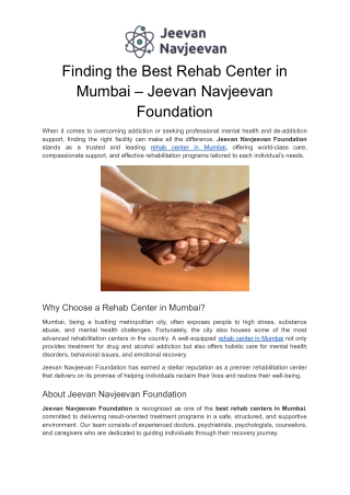 Finding the Best Rehab Center in Mumbai – Jeevan Navjeevan Foundation