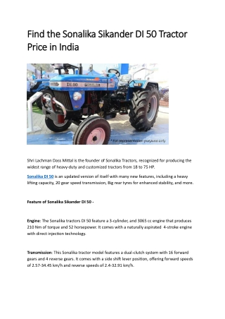 Find the Sonalika Sikander DI 50 Tractor Price in India