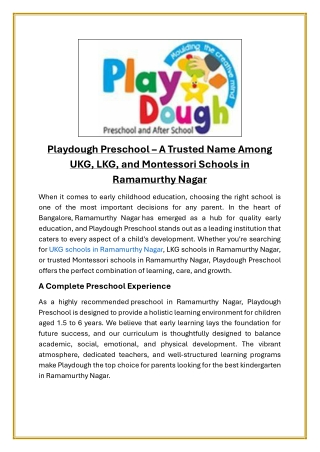 Playdough Preschool  A Trusted Name Among UKG, LKG, and Montessori Schools in Ramamurthy Nagar