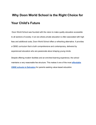 Why Doon World School is the Right Choice for Your Child’s Future