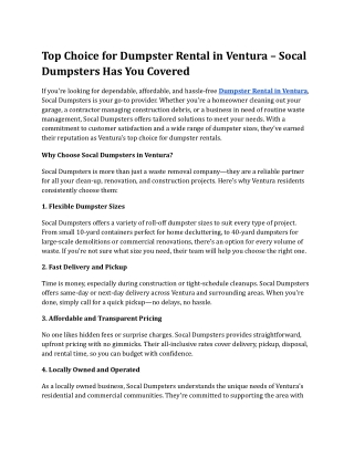 Top Choice for Dumpster Rental in Ventura - Socal Dumpsters Has You Covered