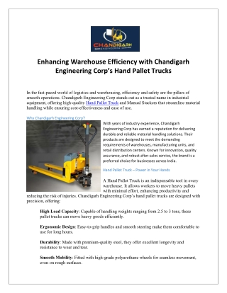 Enhancing Warehouse Efficiency with Chandigarh Engineering Corp’s Hand Pallet Trucks