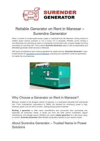 Reliable Generator on Rent in Manesar – Surendra Generator