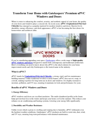 Transform Your Home with Gatekeepers’ Premium uPVC Windows and Doors