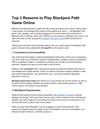 Top 3 Reasons to Play Blackjack Patti Game Online