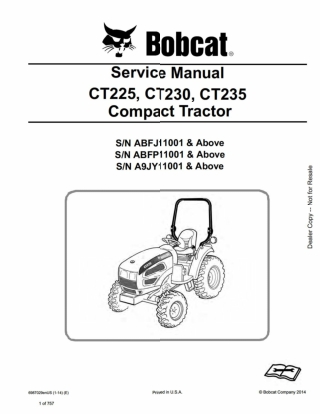 BOBCAT CT225, CT230, CT235 COMPACT TRACTOR Service Repair Manual Instant Download (SN ABFP11001 AND Above)