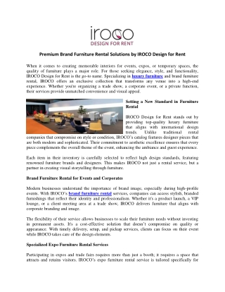 Premium Brand Furniture Rental Solutions by IROCO Design for Rent