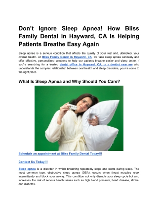Don’t Ignore Sleep Apnea! How Bliss Family Dental in Hayward, CA Is Helping Pati