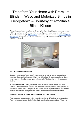 Transform Your Home with Premium Blinds in Waco and Motorized Blinds in Georgetown – Courtesy of Affordable Blinds Kille