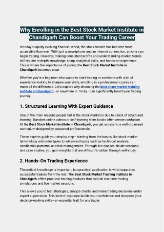Why Enrolling in the Best Stock Market Institute in Chandigarh Can Boost Your Trading Career