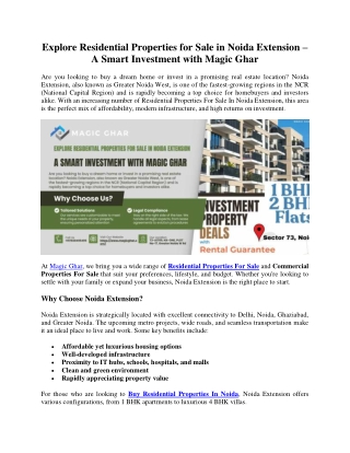 Explore Residential Properties for Sale in Noida Extension – A Smart Investment with Magic Ghar