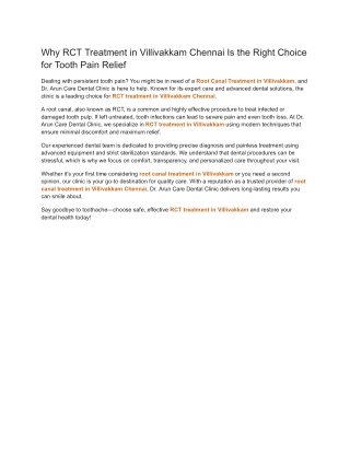 Why RCT Treatment in Villivakkam Chennai Is the Right Choice for Tooth Pain Relief