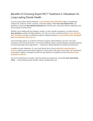 Benefits of Choosing Expert RCT Treatment in Villivakkam for Long-Lasting Dental Health