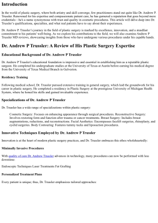 Dr. Andrew P Trussler: A Review of His Plastic Surgery Expertise
