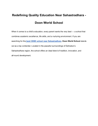 Redefining Quality Education Near Sahastradhara - Doon World School