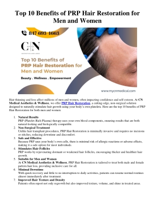 Top 10 Benefits of PRP Hair Restoration for Men and Women
