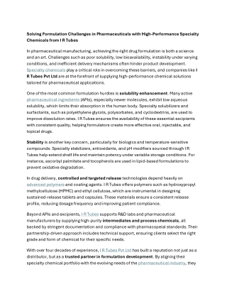 Solving Formulation Challenges in Pharmaceuticals with High-Performance Specialty Chemicals from I R Tubes